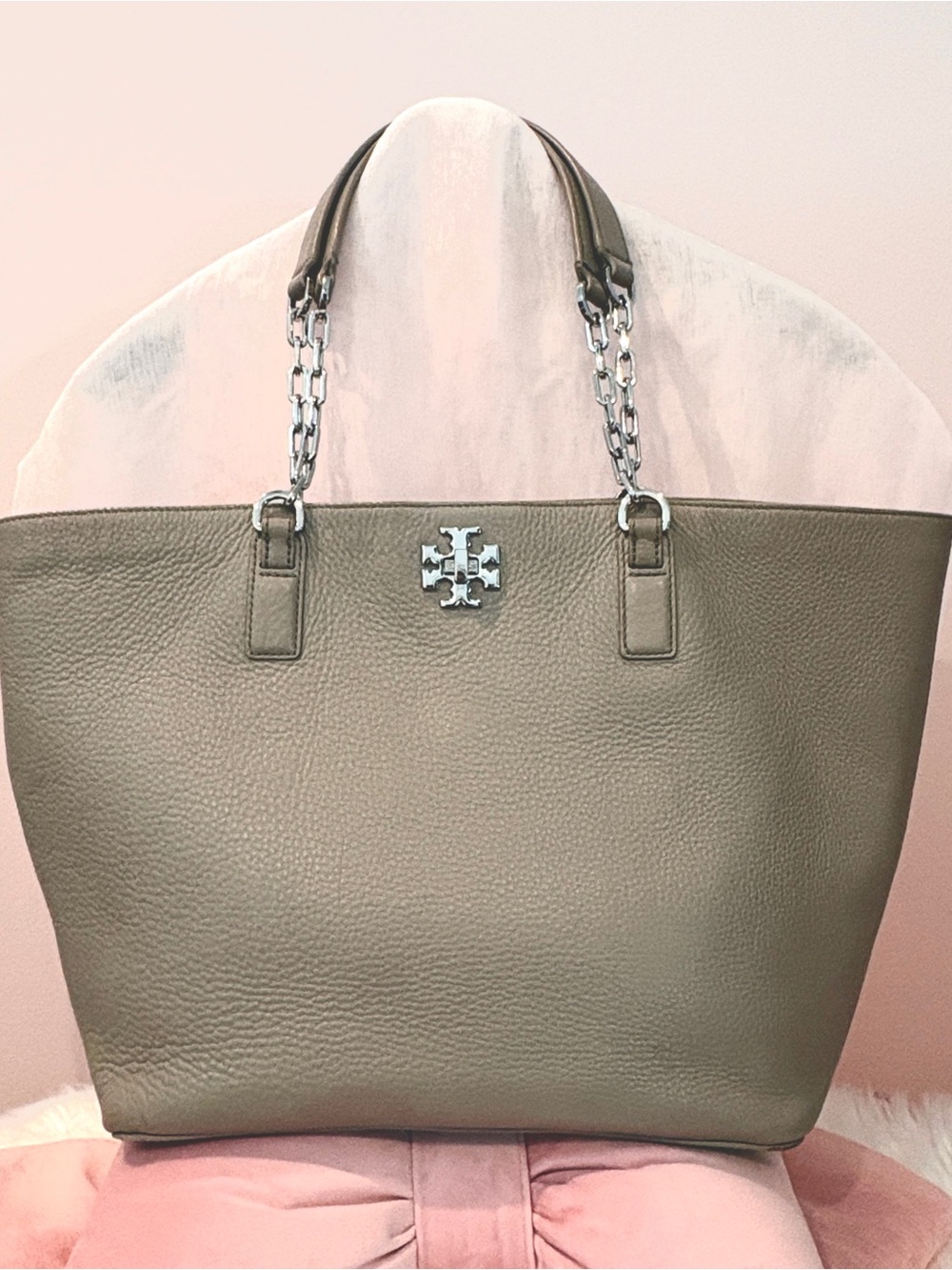 Tory Burch Pebbled Beige Leather Tote with Chain-Strap Detail